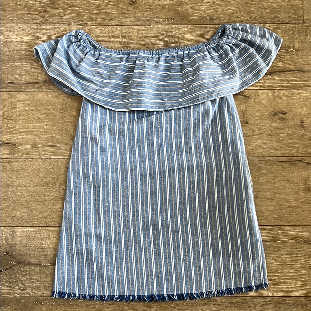 Love Riche Blue and White Ruffled Off-Shoulder Sundress